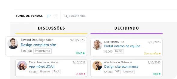 Funil de vendas Kanban personalizado no Kommo CRM com cards de leads